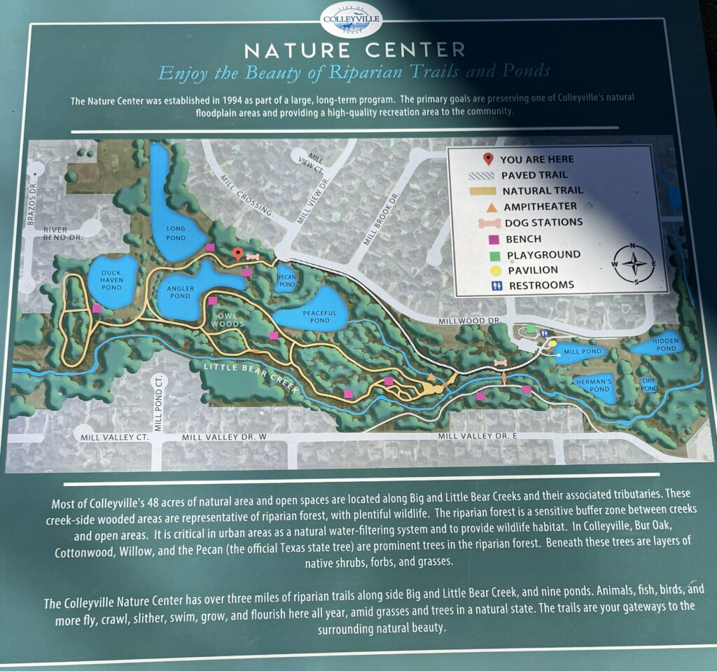 Map of Nature Center showing trails, lakes, and facilities.
